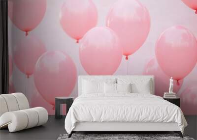 Floating pink balloons with breast cancer awareness ribbons, representing hope and support, balloons in flight, support and awareness Wall mural