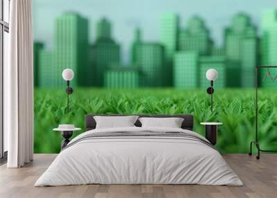 green cityscape eco-friendly urban landscape with lush grass in foreground and modern buildings in the background Wall mural