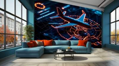 Illustration of an airplane model on a digital interface with neon graphics. Wall mural