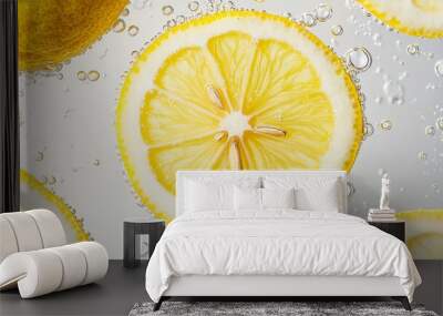 Juicy lemon slices are submerged in sparkling bubbles, creating a refreshing and vibrant scene perfect for culinary inspiration. Wall mural