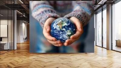 Kid holding the Earth, closeup, World Earth Day, clean minimal background Wall mural