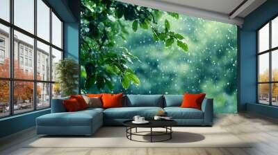 lush green leaves and raindrops falling through the forest canopy on a rainy day Wall mural