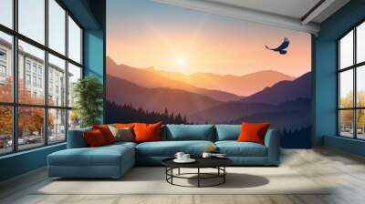 majestic eagle soaring over mountain range at sunrise, symbol of freedom and aspiration, inspiring landscape photograph. Wall mural