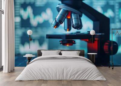 microscope with red light on a background of data and graphs for scientific research and discovery. Wall mural