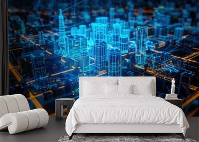 Neon Blueprint of Urban Progress, A vibrant, complex 3D visualization of a city's digital infrastructure, glowing with neon outlines represent the bustling urban development and smart city concept Wall mural