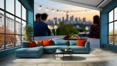 romantic rooftop dinner date with cityscape and sunset view Wall mural