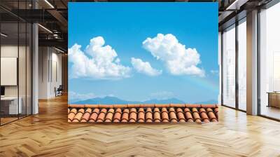 rooftop view with blue sky, fluffy clouds, and a rainbow over distant mountains in the background. Wall mural