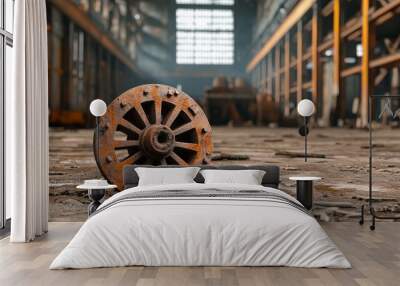 Rusty wheel on the ground in an abandoned industrial warehouse., 3D illustration Wall mural