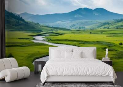 serene mountain valley landscape with winding river and bridge - summer meadow scenery photography. Wall mural