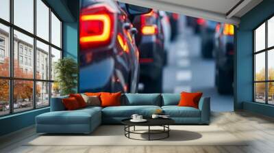 traffic congestion in the city - cars lined up in a busy urban street with tail lights - rush hour commuting - urban transportation - cityscape with Wall mural