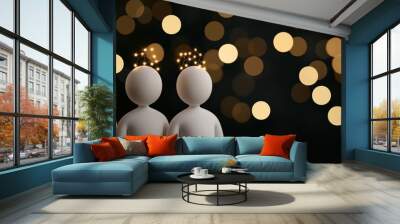 Two abstract figures with glowing ideas above heads, blurred lights in background. 3D Illustration Wall mural