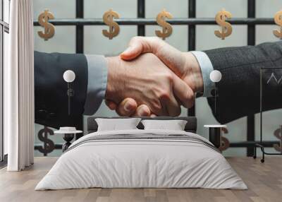 Two businessmen shaking hands in front of dollar signs. Wall mural