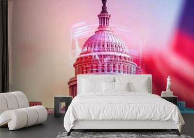 united states capitol building, financial data and chart overlay, patriotic american symbol, government and economy concept, abstract design. Wall mural