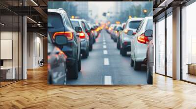 urban traffic congestion - cars lined up in a dense city traffic jam - rush hour commute and transportation challenges. Wall mural