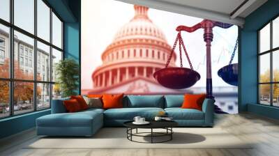 us capitol building with scales of justice and financial chart overlay - symbol of american law and economics. Wall mural