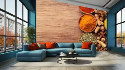 Variety of antioxidant-rich spices like turmeric, cinnamon, and cloves, arranged on a wooden surface for immune health antioxidant  immune booster Wall mural