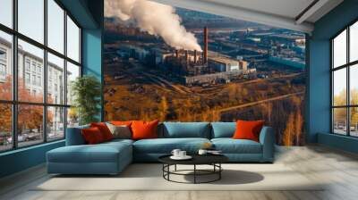 Industrial landscape with smoke and pollution, aerial view, natural surroundings. Wall mural