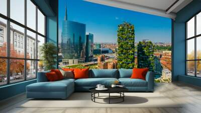 aerial view of vertical forest (bosco verticale) building in milan. residential buildings with many  Wall mural