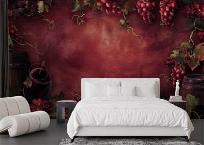 Flat lay of wine and grape in burgundy background, copy space Wall mural