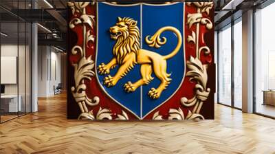 Heraldic Imagery with Rampant Lion on Golden Shield and Castle Crests Wall mural