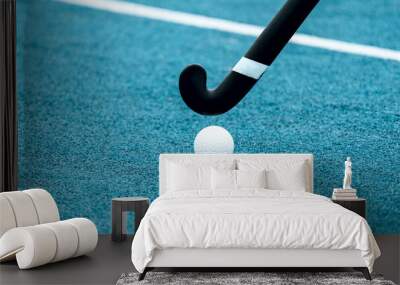 Field hockey stick and ball on blue grass. Professional sport concept Wall mural