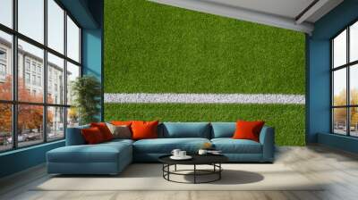 Photo of a green synthetic grass sports field with white line shot from above. Wall mural