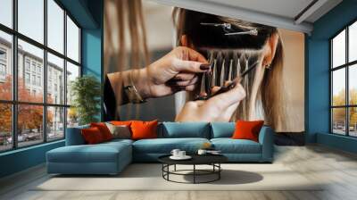 The hairdresser does hair extensions to a girl, a blonde in a beauty salon. Professional hair concept Wall mural