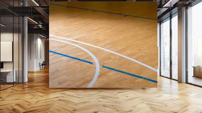 Wooden floor  basketball, badminton, futsal, handball, volleyball, football, soccer court with natural lighting.  Wall mural