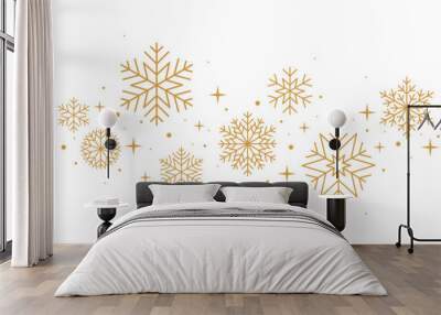 Christmas border. Gold snowflakes and stars banner Wall mural