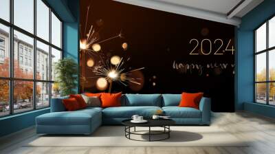 Happy New Year 2024 greeting card with sparklers on dark background. Wall mural