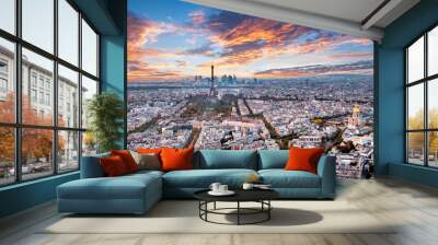 Aerial Paris panorama in late autumn from Montparnasse Tower at sunset. Eiffel Tower in the distance and financial district. Wall mural