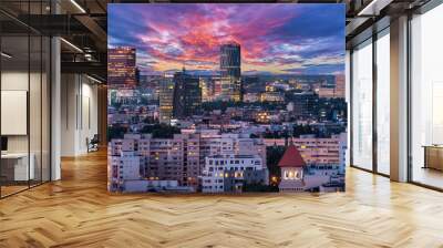 Aerial view of the business district in Bucharest, Romania at sunset. Wall mural