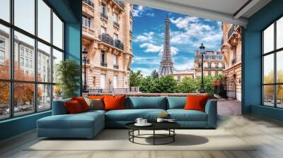 Small Paris street with view on the famous Eiffel Tower in Paris, France. Wall mural