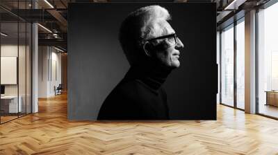 Never get old, handsome and sexy at every age concept. Close up portrait of fashionable mature man wearing trendy eyewear, black turtleneck, sitting in art gallery. Modern haircut. Silver hair Wall mural