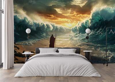 Moses Miraculous Path Through Towering Red Sea Waves wave escape miracle Wall mural