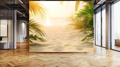 Summer vibes escape with green palm leaves and sunny beach background Wall mural