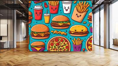 Cartoon characters fast food 90s. Fashion poster. funny colorful characters in doodle style, hamburger, french fries, scrambled eggs, pizza with gloved hands. Vector groovy illustration with typograph Wall mural