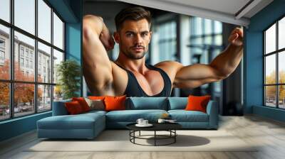 Man, portrait and stretching arms in gym for warm up, daily workout routine and fitness for muscle development. Male person, serious and flexing for physical cardio, training or exercise for health. Wall mural