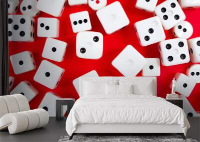 Many white game dices on red background, flat lay. Space for text Wall mural