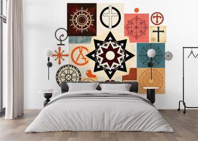 Spiritual Symbols Collage: Collage of symbols from different spiritual traditions. Wall mural