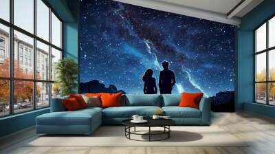 cartoon couple man and woman watching the sky stars at night Wall mural