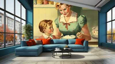 1950s kitchen scene. Happy mother and child cooking a meal. Vintage style illustration good for poster, wallpaper, promotion. Made with generative AI. Wall mural