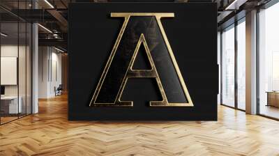 Alphabet letter A with 3D rendering and metallic gold texture, elegant uppercase font design for luxury and jewelry concepts, works well on dark backgrounds Wall mural