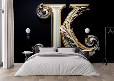 Alphabet letter K with metallic gold or brass texture isolated on black background, baroque style font design, golden uppercase abc for poster, cover, book Wall mural