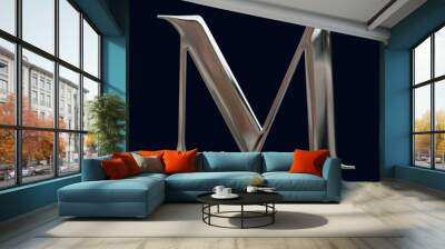 Alphabet letter M with glossy metal texture (chrome, steel, silver), 3D rendering, bold metallic font design, premium uppercase typography for poster, banner, cover Wall mural