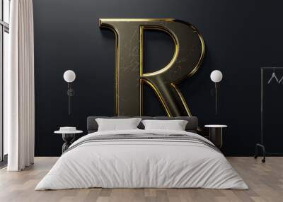 Alphabet letter R with 3D rendering and metallic gold texture, elegant uppercase font design for luxury and jewelry concepts, works well on dark backgrounds Wall mural