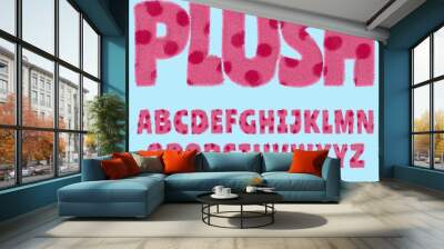 Alphabet letter set with dots and fluffy pink plush texture on blue background, creative uppercase font design for poster, banner, greeting card Wall mural