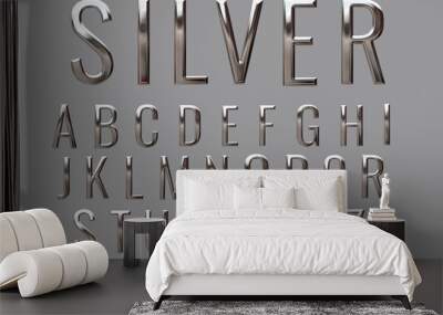 Alphabet letter set with glossy metal texture (chrome, steel, silver) isolated on grey background, 3D rendering, premium uppercase font design for poster, banner, invitation Wall mural