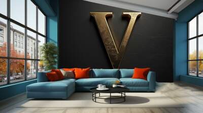 Alphabet letter V with 3D rendering and metallic gold texture, elegant uppercase font design for luxury and jewelry concepts, works well on dark backgrounds Wall mural