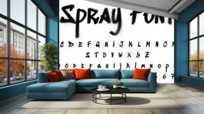 Black colored spray font with uppercase lowercase letters and numbers on transparent png background, graffiti style abc, creative uppercase typography for poster, banner, flyer etc.
 Wall mural